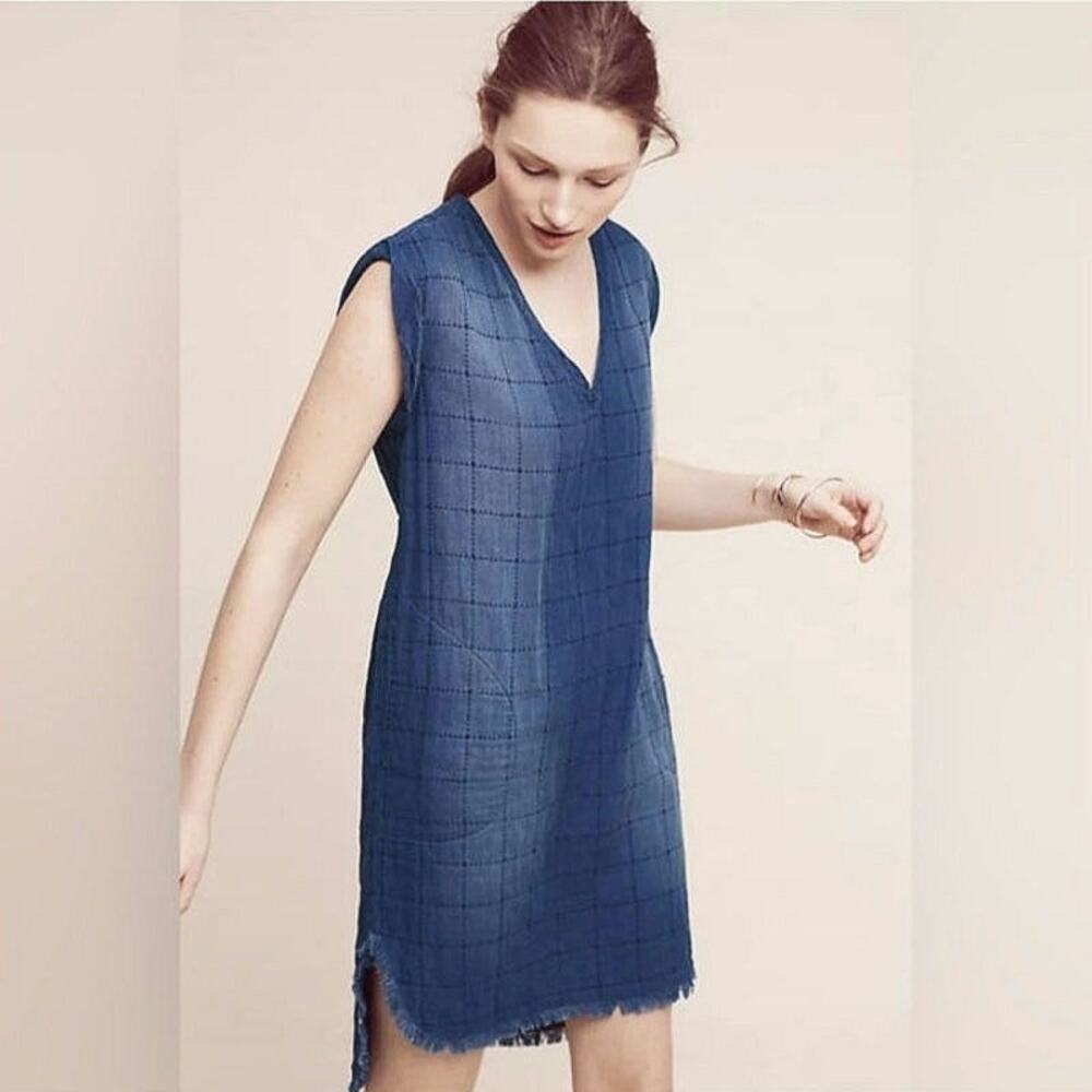 Cloth & Stone Quilted Chambray Blue Midi Dress Boho Chic Raw Hem Relaxed Fit XS
